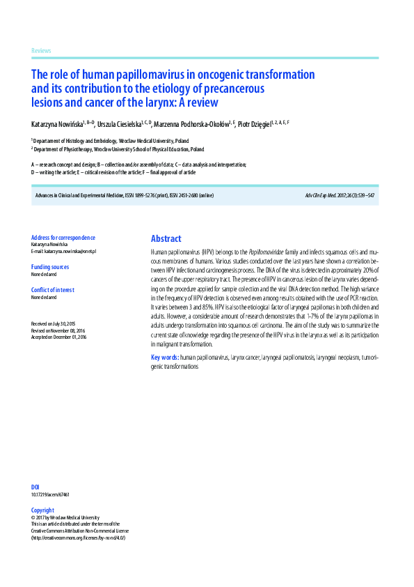 (PDF) The role of human papillomavirus in oncogenic transformation and ...