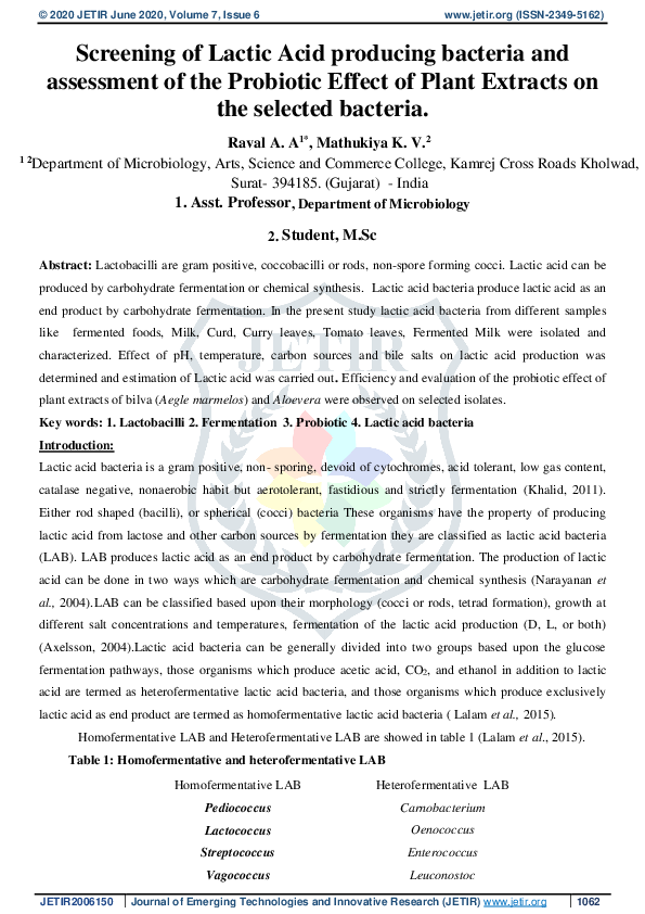 (PDF) Screening of Lactic Acid producing bacteria and assessment of the ...