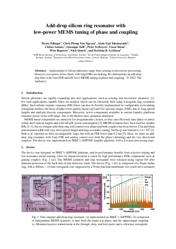 (PDF) Add-drop silicon ring resonator with low-power MEMS tuning of ...