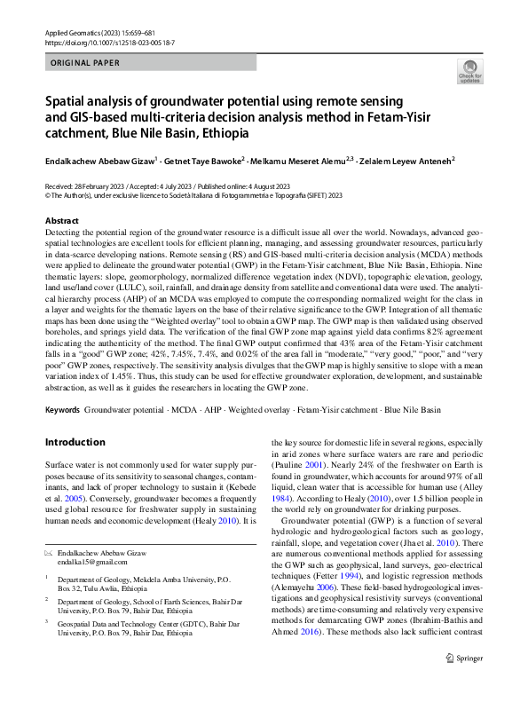 (PDF) Spatial analysis of groundwater potential using remote sensing ...