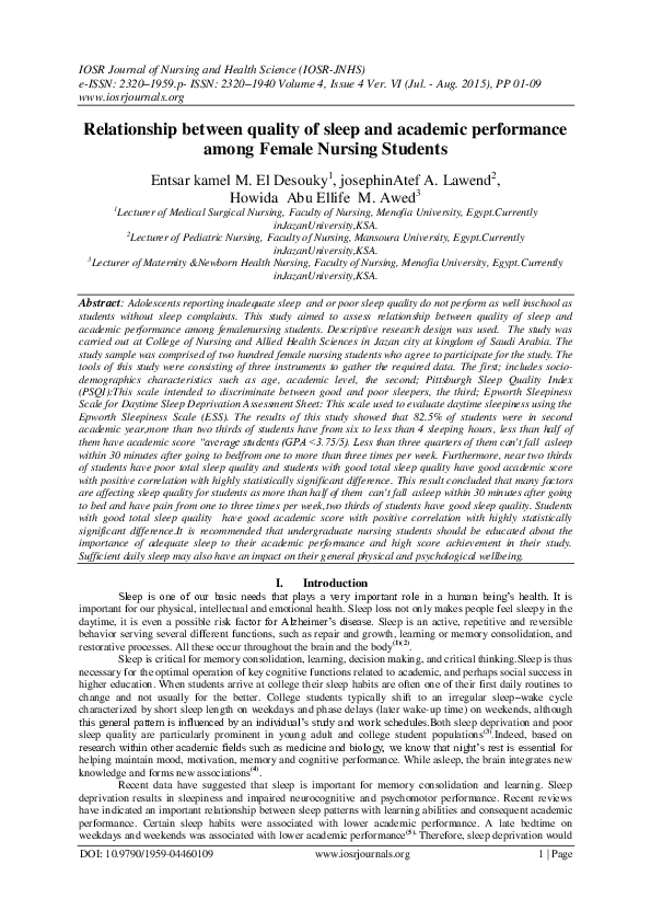 (PDF) Relationship between quality of sleep and academic performance ...