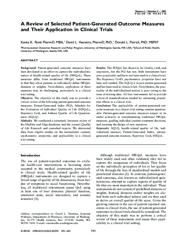 (PDF) A Review of Selected Patient-Generated Outcome Measures and Their ...