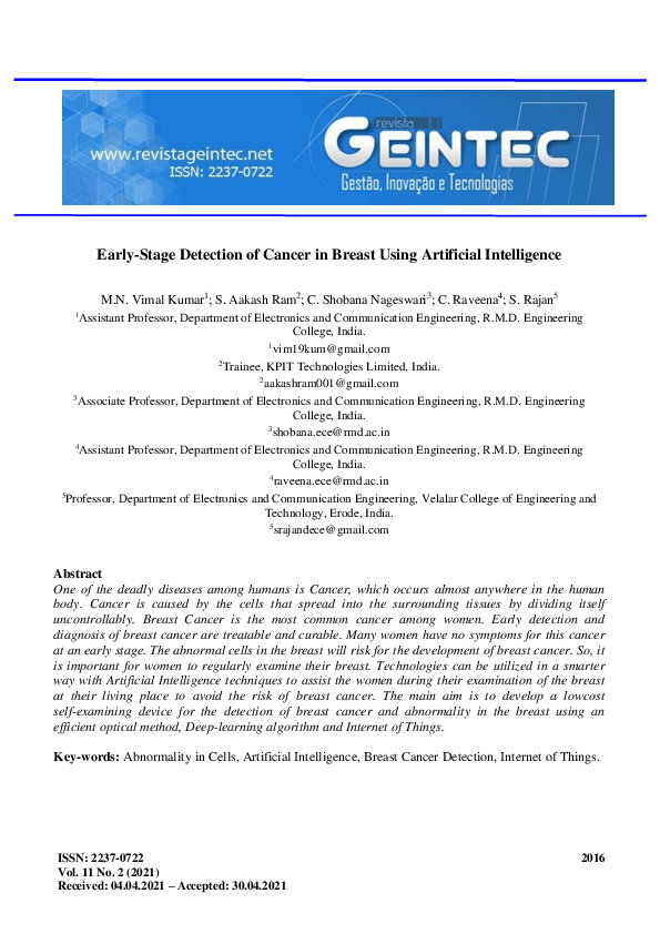 (PDF) Early-Stage Detection of Cancer in Breast Using Artificial ...