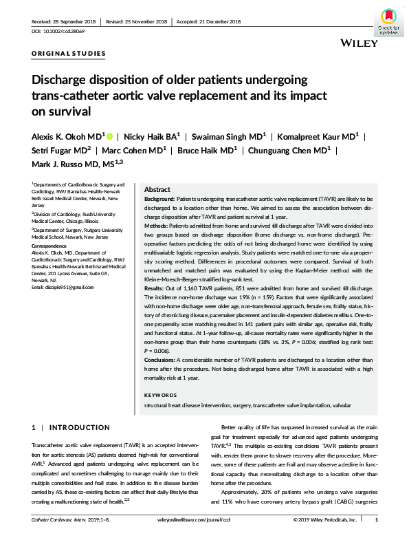 (PDF) Discharge disposition of older patients undergoing trans‐catheter ...
