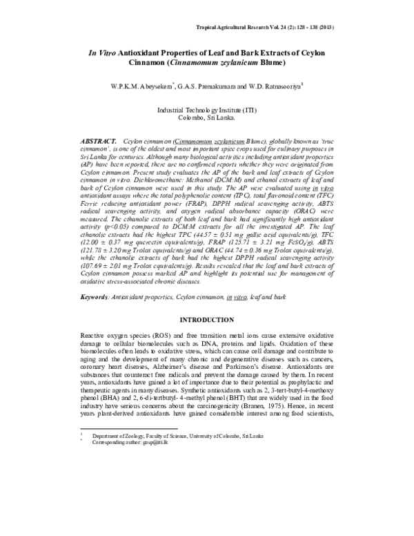 (PDF) In vitro antioxidant properties of leaf and bark extracts of ...