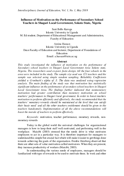(PDF) Influence of Motivation on the Performance of Secondary School ...