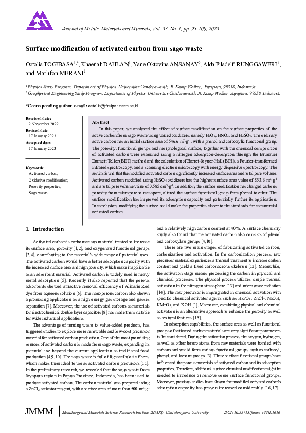 (PDF) Surface modification of activated carbon from sago waste