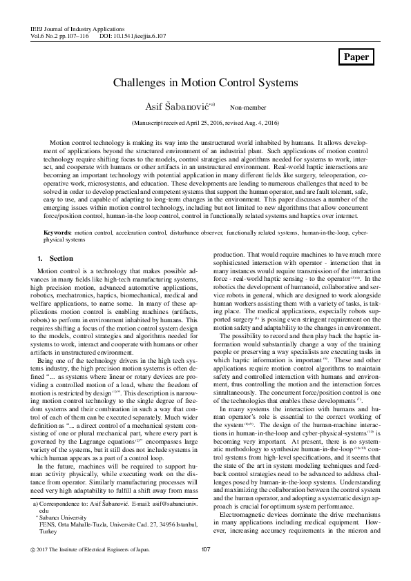 (PDF) Challenges in Motion Control Systems