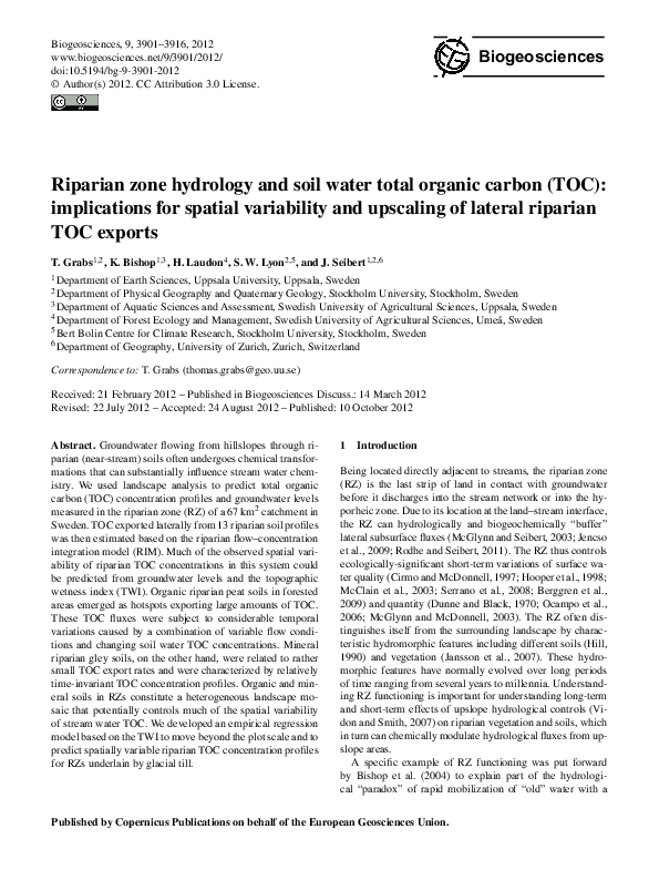 (PDF) Riparian zone hydrology and soil water total organic carbon (TOC ...