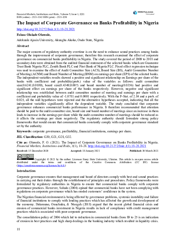(PDF) The Impact of Corporate Governance on Banks Profitability in Nigeria