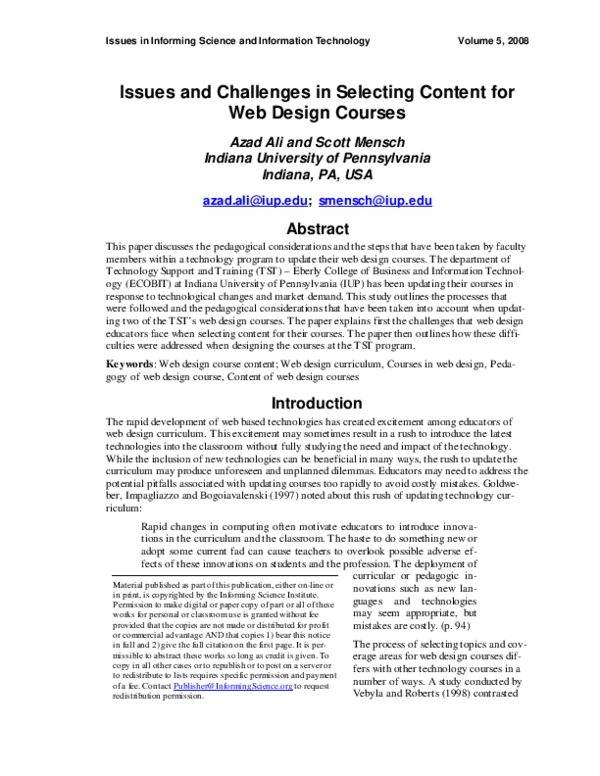 (PDF) Issues and Challenges in Selecting Content for Web Design Courses