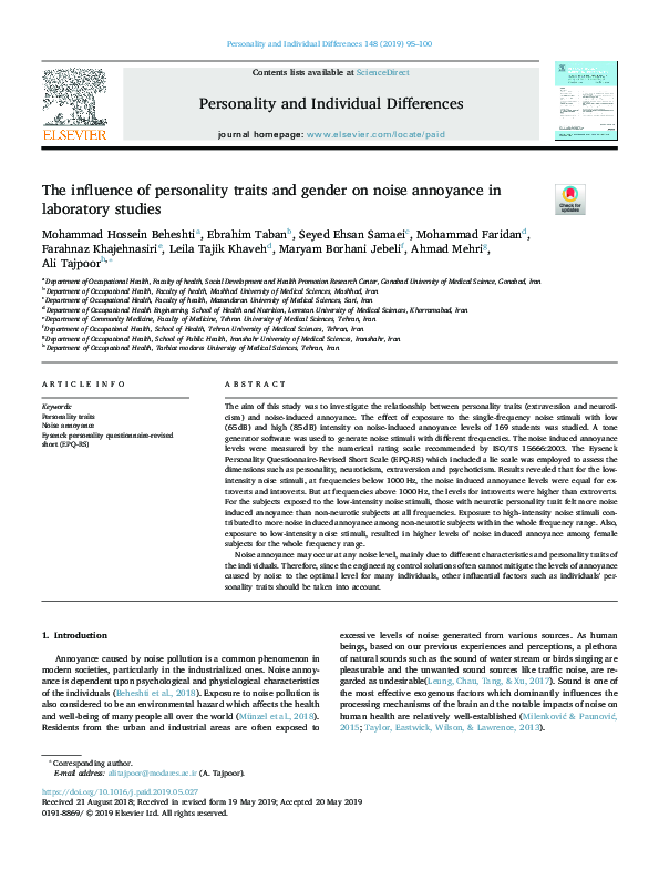 (PDF) The influence of personality traits and gender on noise annoyance ...