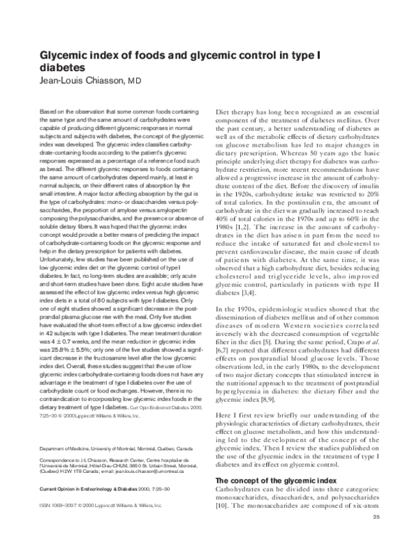 (PDF) Glycemic index of foods and glycemic control in type I diabetes
