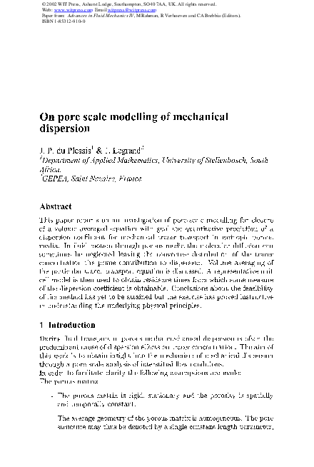 (PDF) On Pore Scale Modelling Of Mechanical Dispersion