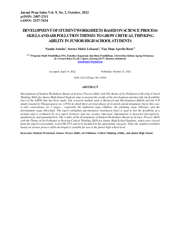 (PDF) Development of Student Worksheets (LKPD) Based on Science Process ...