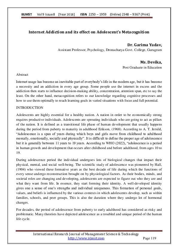 (PDF) Internet Addiction and its effect on Adolescent's Metacognition