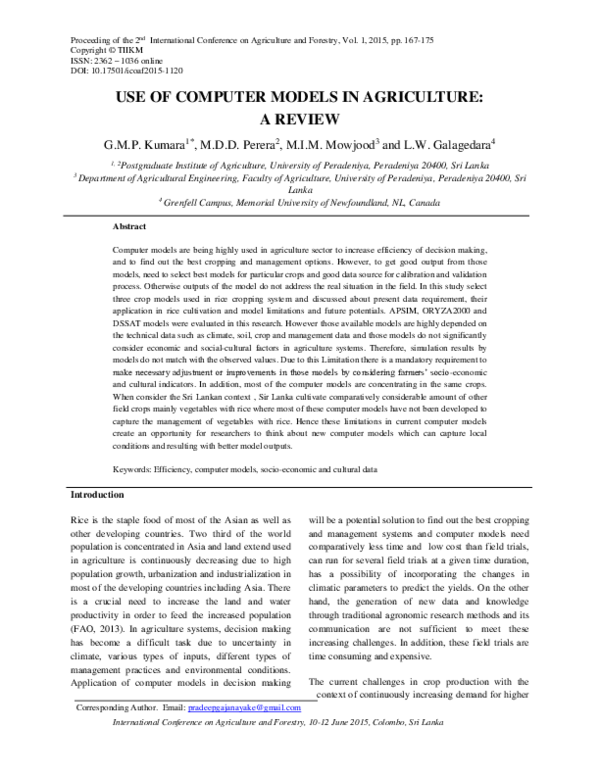 (PDF) Use of computer models in agriculture: a review