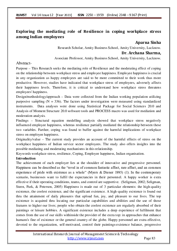 (PDF) Exploring the mediating role of Resilience in coping workplace ...