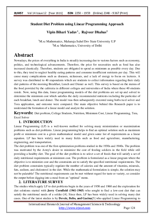 (PDF) Student Diet Problem using Linear Programming Approach