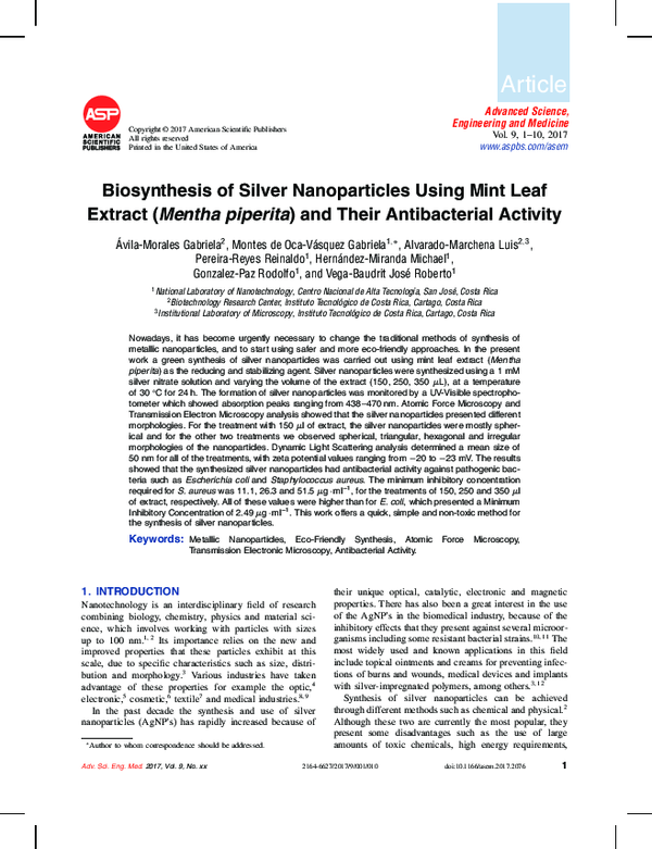 (PDF) Biosynthesis of Silver Nanoparticles Using Mint Leaf Extract ...