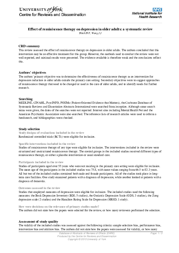 (PDF) Effect of reminiscence therapy on depression in older adults: a ...