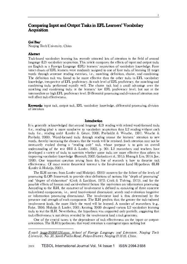 (PDF) Comparing Input and Output Tasks in EFL Learners‘ Vocabulary ...