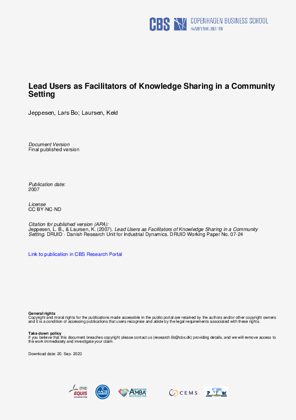 (PDF) Lead Users as Facilitators of Knowledge Sharing in a Community ...