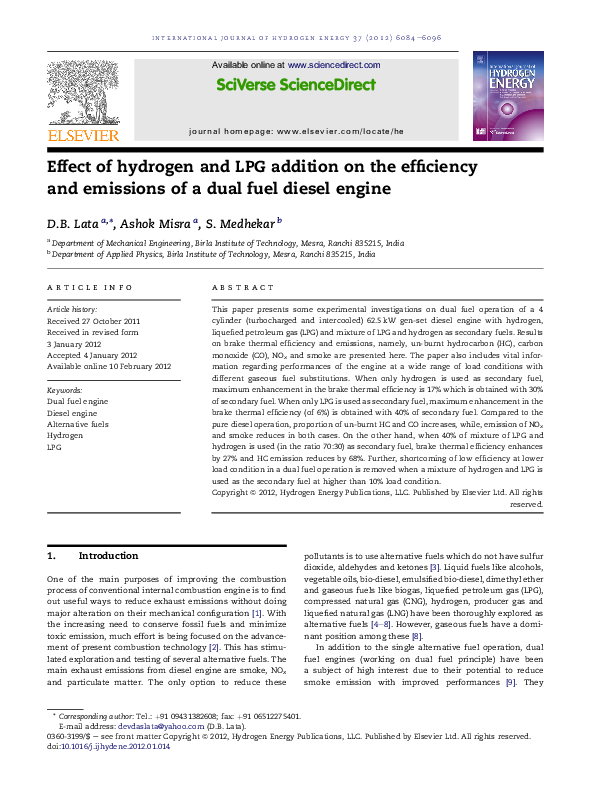 (PDF) Effect of hydrogen and LPG addition on the efficiency and ...