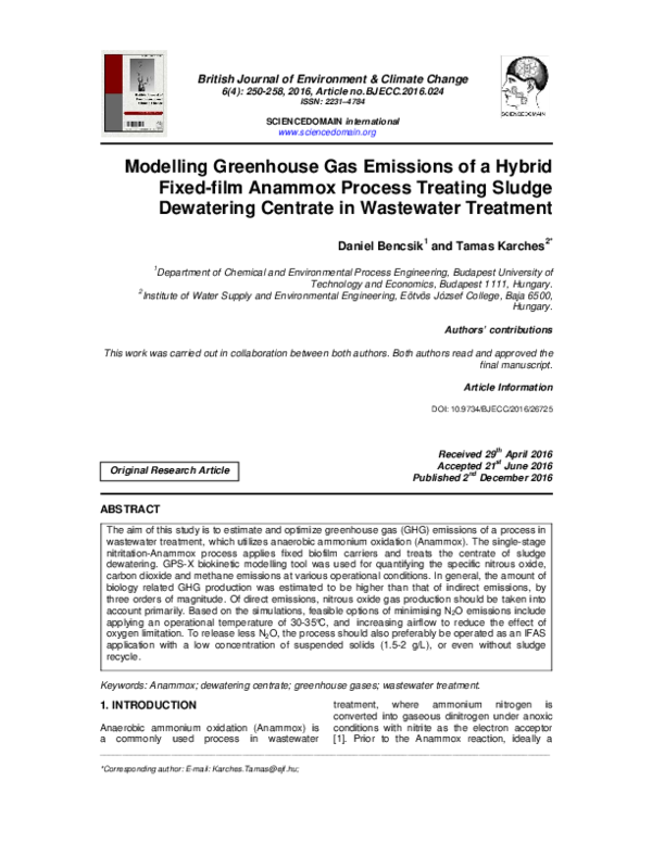 (PDF) Modelling Greenhouse Gas Emissions of a Hybrid Fixed-film Anammox ...