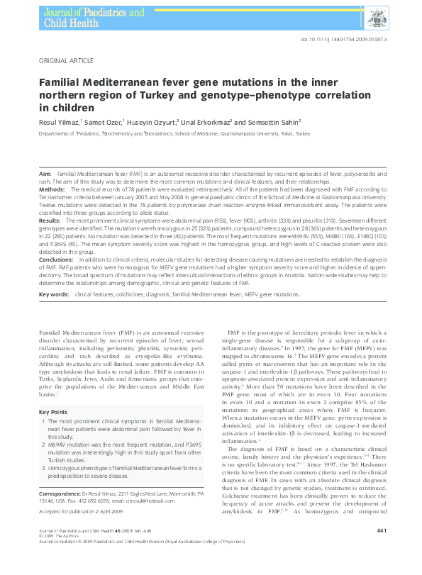 (PDF) Familial Mediterranean fever gene mutations in the inner northern ...