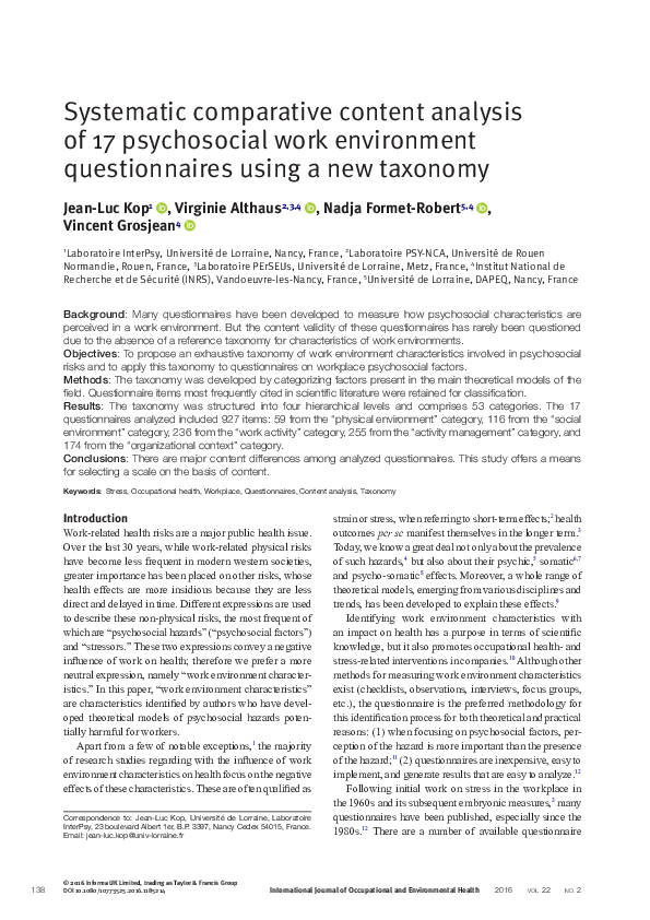 (PDF) Systematic comparative content analysis of 17 psychosocial work ...