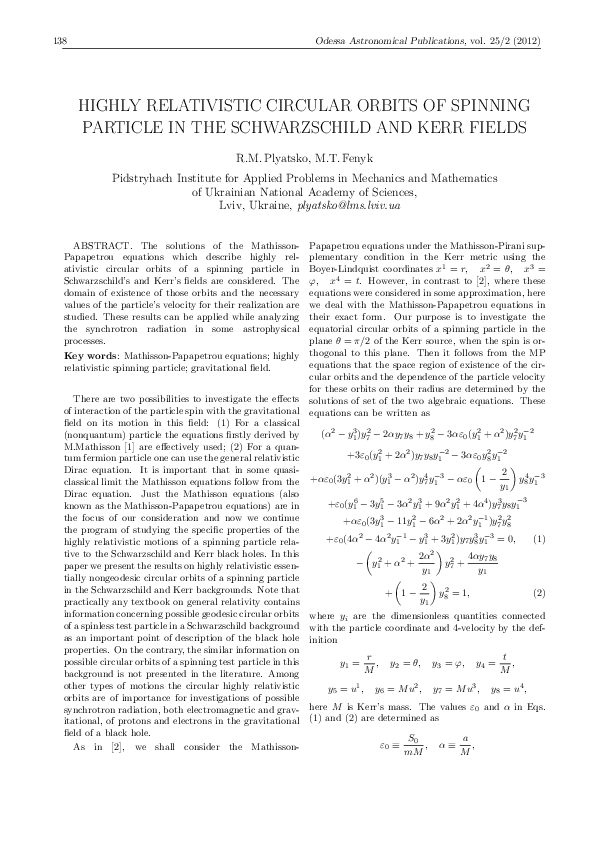 (PDF) Highly Relativistic Circular Orbits of Spinning Particle in the ...
