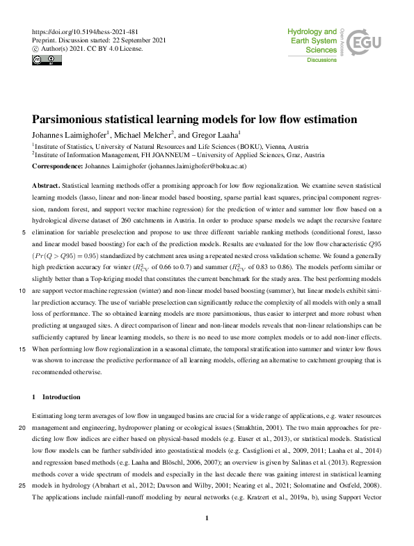 (PDF) Parsimonious statistical learning models for low flow estimation