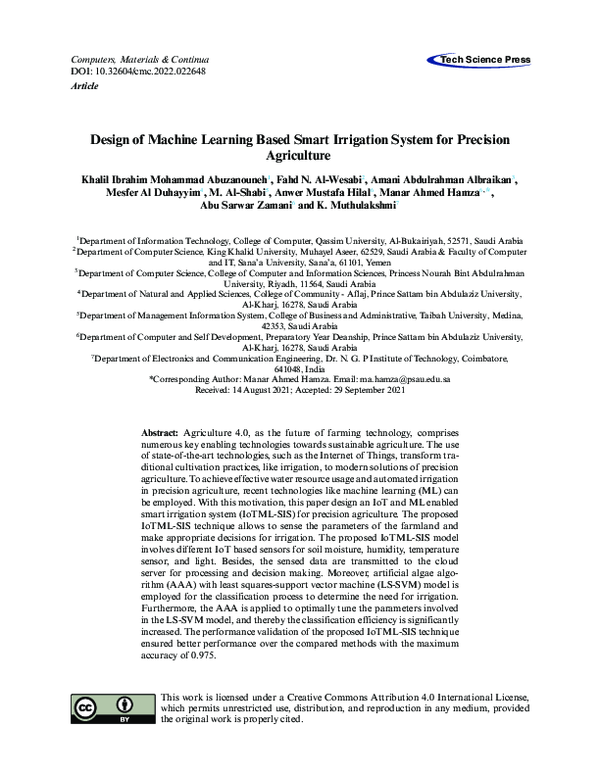 (PDF) Design of Machine Learning Based Smart Irrigation System for ...