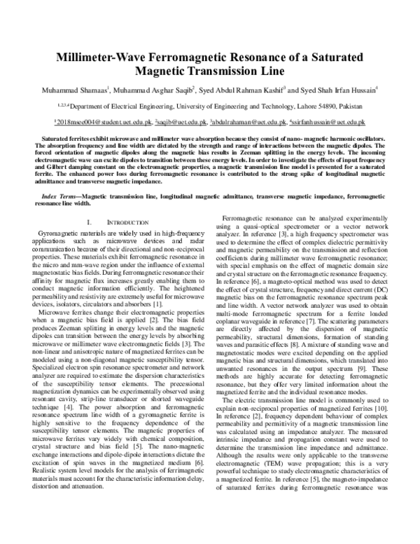 (PDF) Millimeter-Wave Ferromagnetic Resonance of a Saturated Magnetic ...