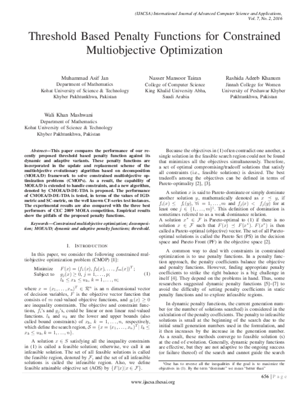 (PDF) Threshold Based Penalty Functions for Constrained Multiobjective ...