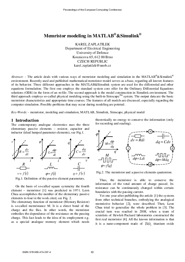 (PDF) Memristor modeling in MATLAB® &Simulink®