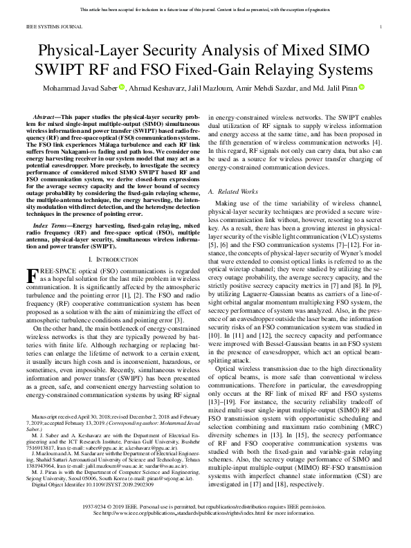 (PDF) Physical-Layer Security Analysis of Mixed SIMO SWIPT RF and FSO ...