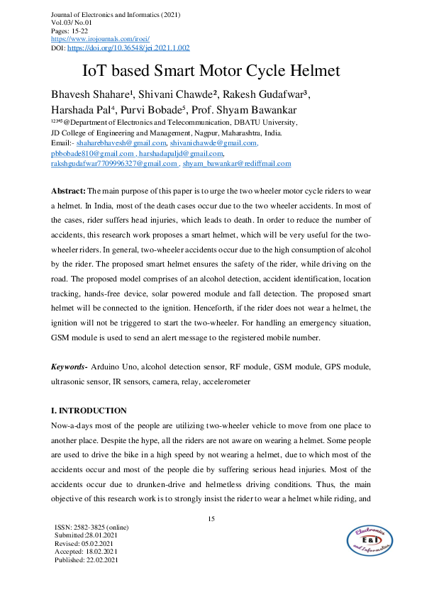 (PDF) IoT based Smart Motor Cycle Helmet