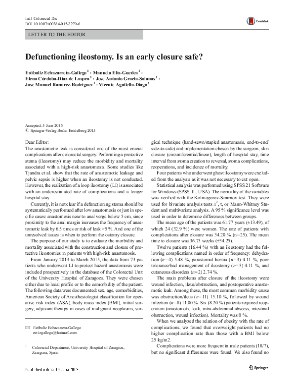 (PDF) Defunctioning ileostomy. Is an early closure safe?