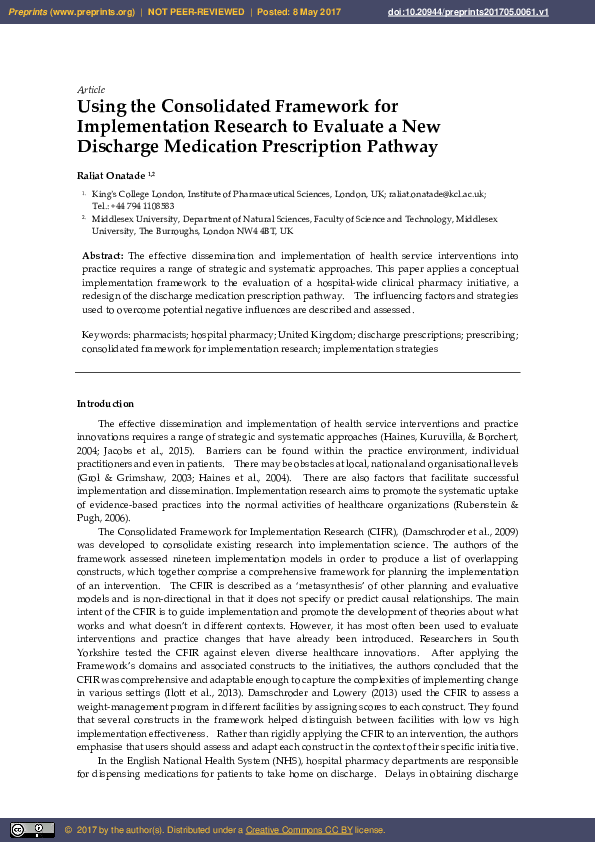(PDF) Using the Consolidated Framework for Implementation Research to ...