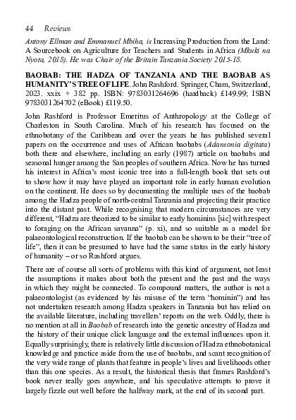 (PDF) Review of J. Rashford (2023) Baobab: The Hadza of Tanzania and ...
