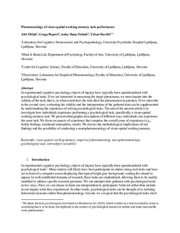(PDF) Phenomenology of Visuo-spatial Working Memory Task Performance