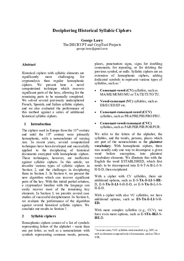 (PDF) Deciphering Historical Syllabic Ciphers