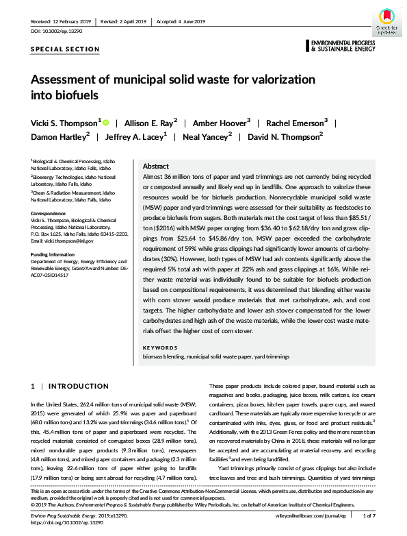 (PDF) Assessment of municipal solid waste for valorization into biofuels