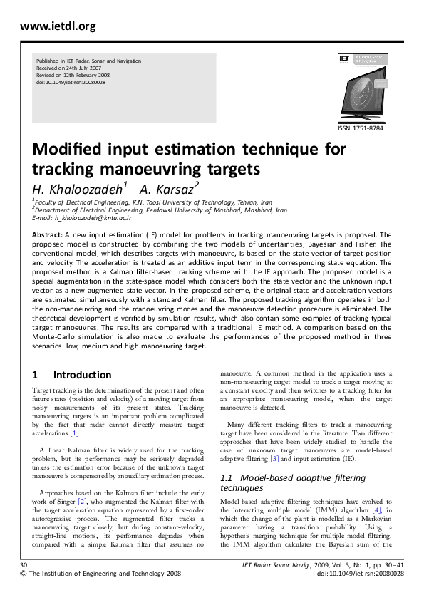 (PDF) Modified input estimation technique for tracking manoeuvring targets