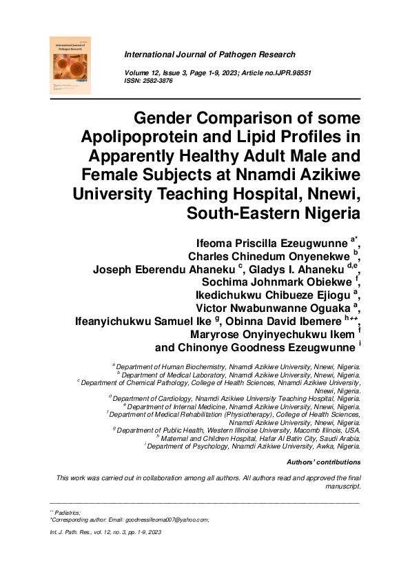 (PDF) Gender Comparison of some Apolipoprotein and Lipid Profiles in ...