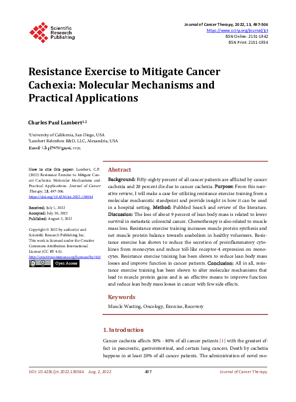 (PDF) Resistance Exercise to Mitigate Cancer Cachexia: Molecular ...