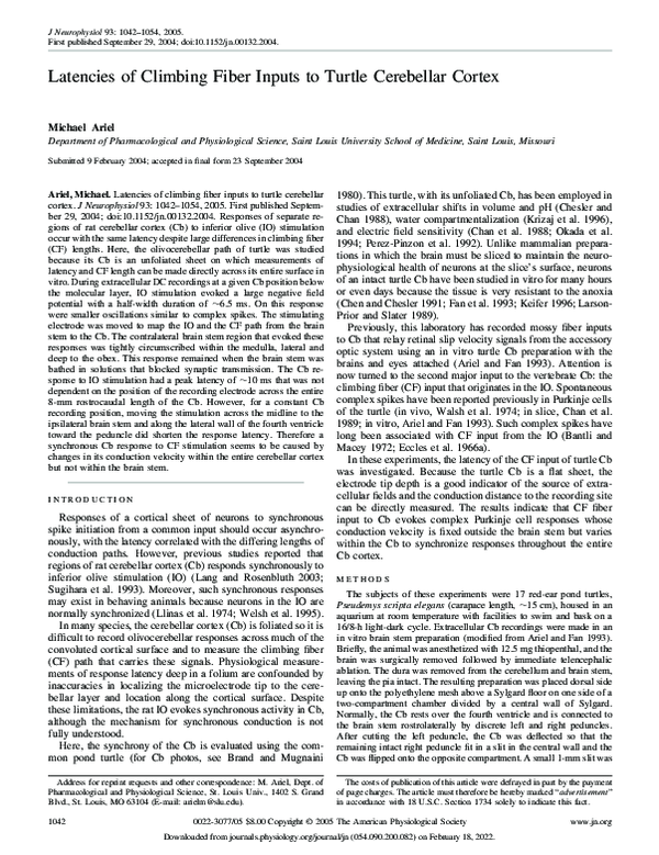 (PDF) Latencies of Climbing Fiber Inputs to Turtle Cerebellar Cortex