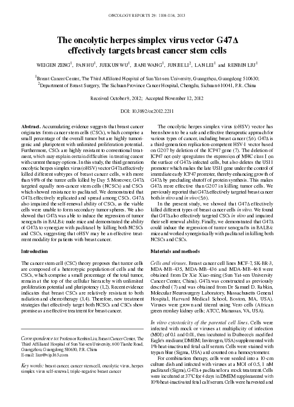 (PDF) The oncolytic herpes simplex virus vector G47Δ effectively ...